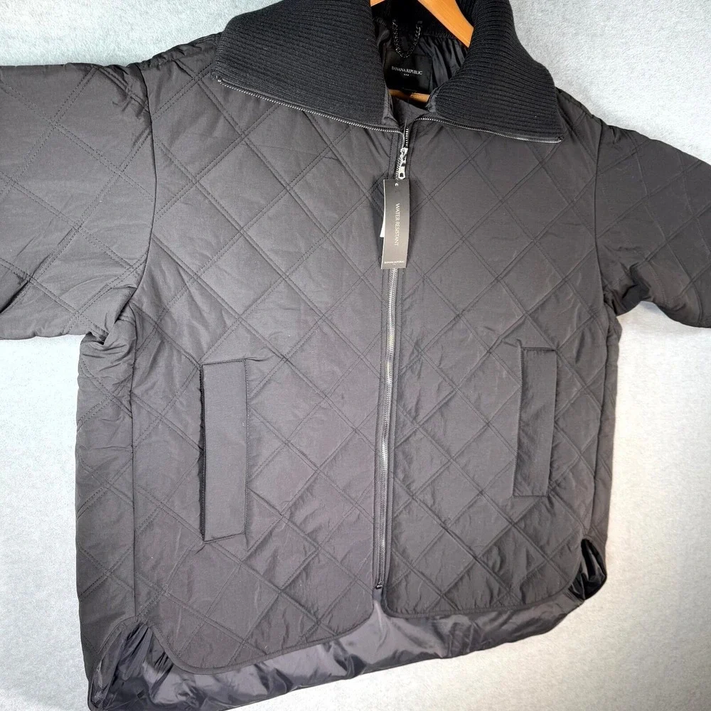 Banana Republic Quilted Jacket Mens Large Black Oversized Nylon Full Zip Pockets